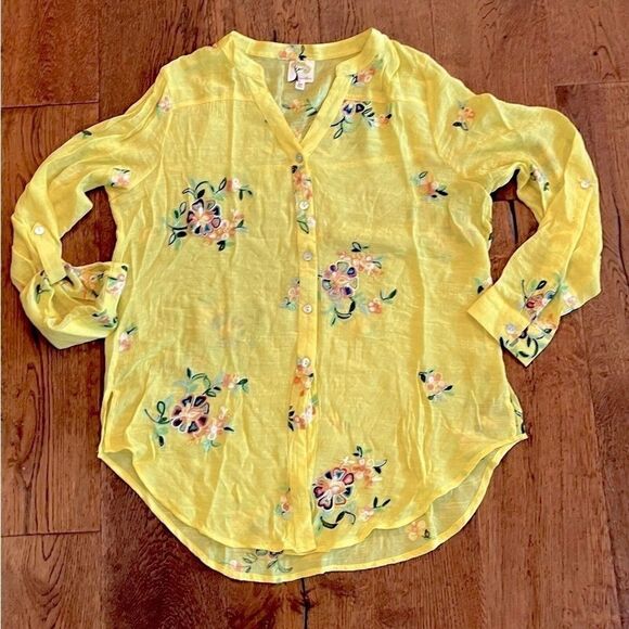 Fig and Flower Blouse Womens M Floral Embroidered Boho Peasant Top Yellow Button - Picture 12 of 12
